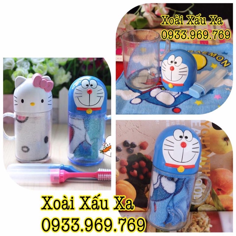 BỘ LY + KHĂN + BÀN CHẢI ĐÁNH RĂNG DU LỊCH MINI KITTY-ĐORAEMON TIỆN LỢI