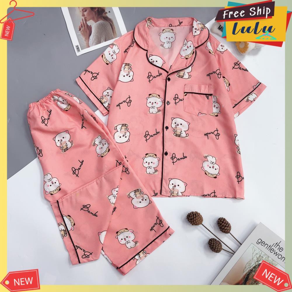 Pijama kate thái lửng freesize dưới 62kg Lulu Shop, đồ bộ mặc nhà nữ áo cộc quần lửng ngố. đẹp