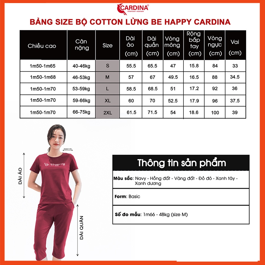 Đồ bộ nữ CARDINA chất Cotton cao cấp áo cộc tay quần lửng kiểu dáng trẻ trung năng động 2CF07