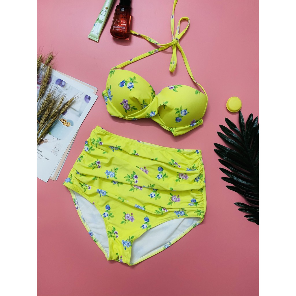 Đồ bơi, bikini hai mảnh nền vàng ️Freeship️ hoa nhí độn gọng nâng ngực mặc đi biển đi bơi chụp ảnh