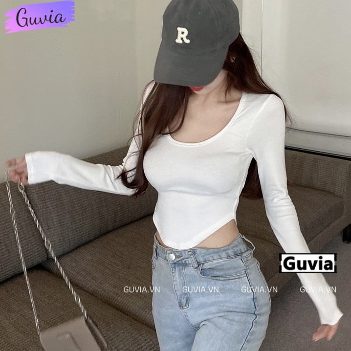 Áo Croptop Nữ Tay Dài Cổ U VẠT BẦU Ôm Body, Áo Thun Croptop Dài Tay Kiểu Sexy Chất Gân GUVIA CR13