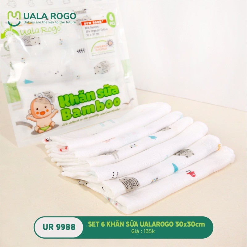 [Hàng Chính Hãng] Set 6 Khăn sữa Uala &amp; Rogo sợi tre 30x30cm UalaRogo