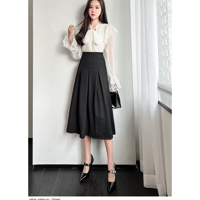 Chân váy midi xếp li cạp cao trẻ trung dáng dài phong cách Hàn quốc trẻ trung năng động d68cm