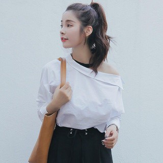 Áo sơ mi trắng lệch vai HMC040 NV cotton