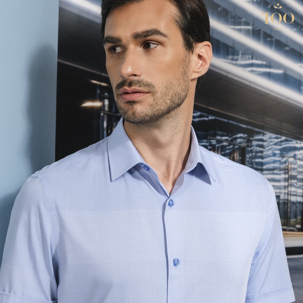 Áo sơ mi nam ngắn tay TQQ dáng Slim fit công sở ôm nhẹ K365CSC-CB màu xanh biển phối kẻ chìm tinh tế