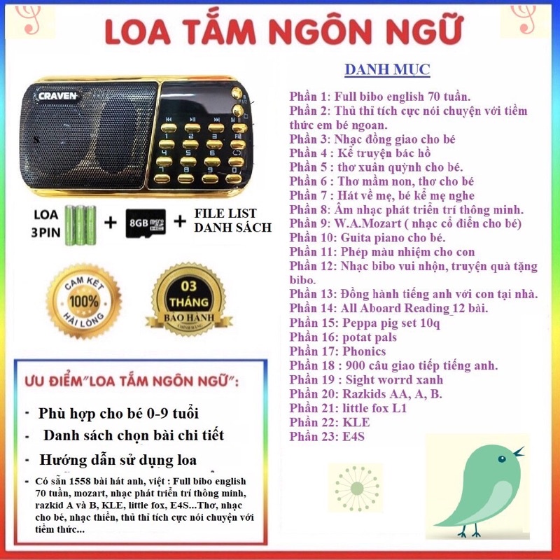 Loa nghe tắm ngôn ngữ Bibo/ Loa học tiếng anh caraven 853