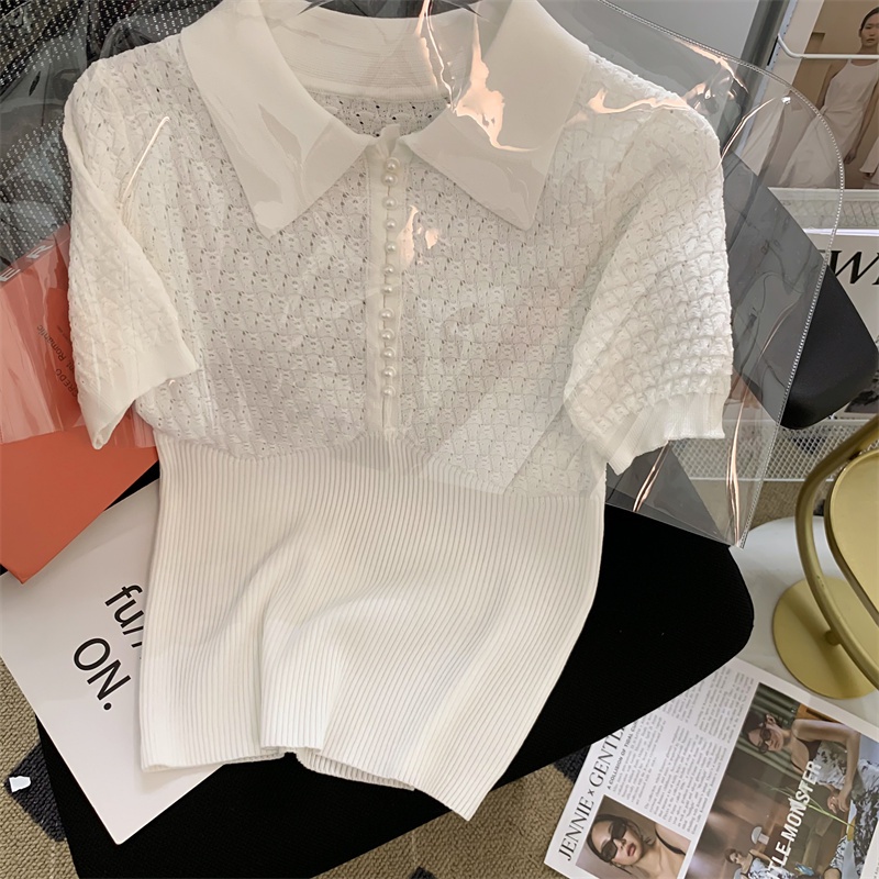 Áo polo dệt kim ZHELIHANGFEI tay ngắn thêu họa tiết đính ngọc trai phong cách thời trang cao cấp cho nữ