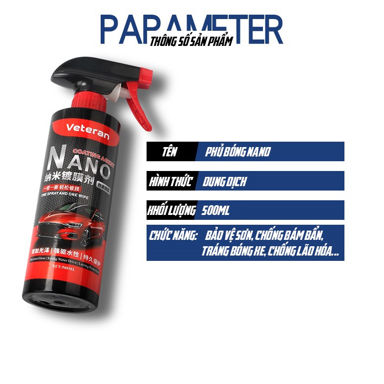 Bình Xịt Dung Dịch Nano Phủ Bóng Sơn Xe Ô Tô Chống Thấm Nước Cao Cấp VETERAN 500ml