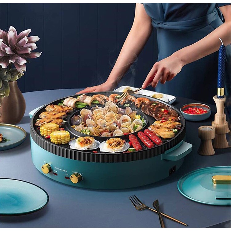 (BH 1 năm) Bếp lẩu nướng BBQ đa năng AORAN cỡ lớn 45cm kết hợp 2 trong 1 màu xanh công suất lớn 2200W