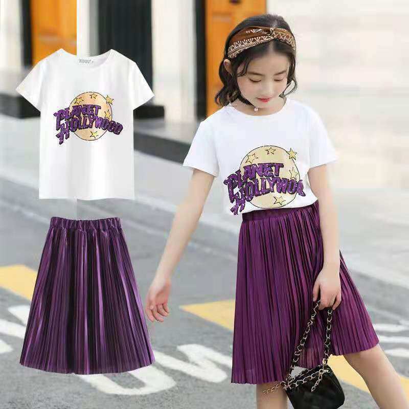 Bộ Áo Thun Cotton + Chân Váy Xếp Ly Dài Qua Gối Thời Trang Mùa Hè Cho Bé Gái 5-12 Tuổi