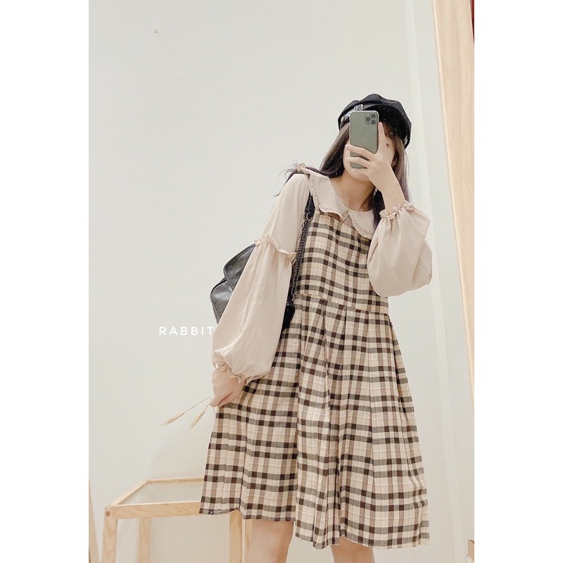 Váy Yếm Kẻ Caro Kèm Áo Cổ Bèo Tay Bồng Kiểu Dáng Thời Trang SYK | BigBuy360 - bigbuy360.vn