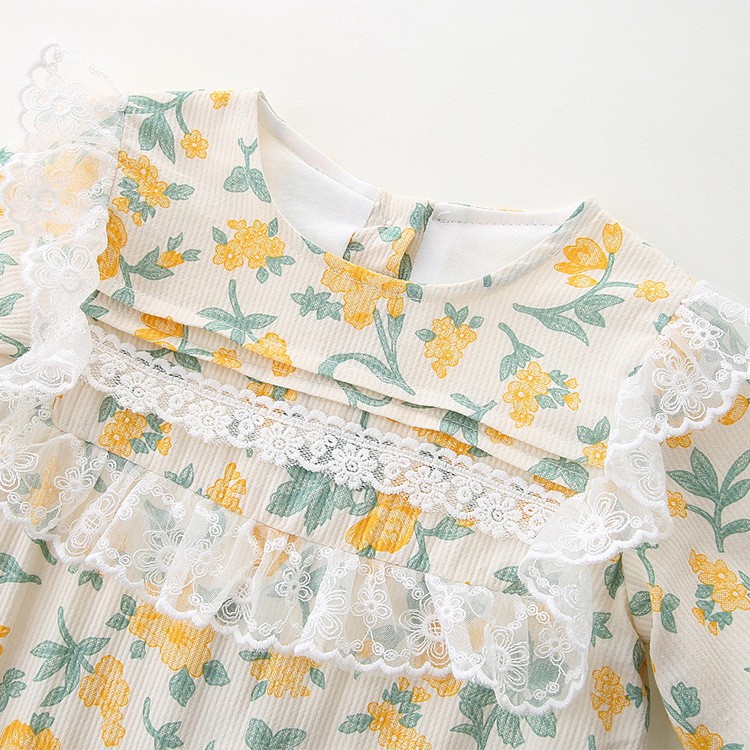 Áo Liền Quần Tay Dài Bằng Cotton Phối Ren Hoa Dành Cho Bé Gái 0897