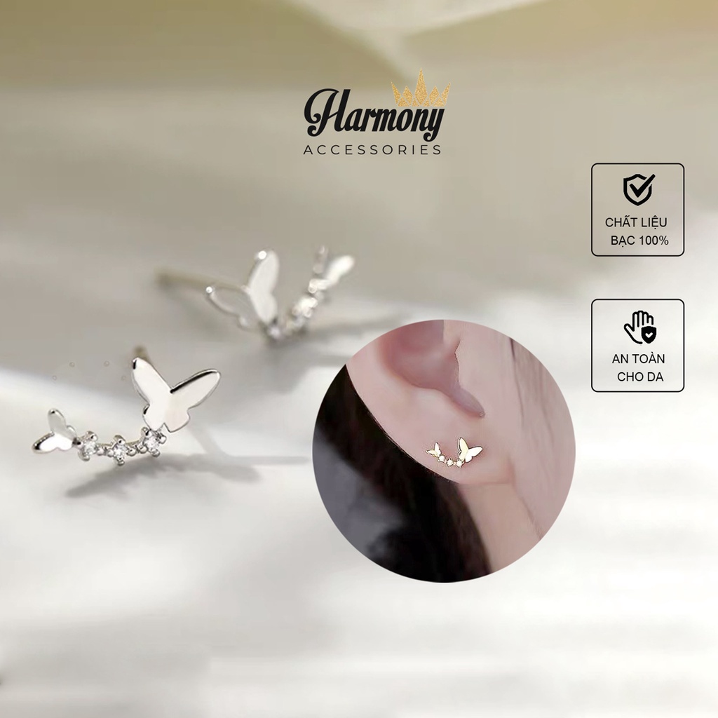 Khuyên tai nữ bạc 925 hình cánh bướm dài đính đá xi bạch kim và vàng | HARMONY ACCESSORIES K55