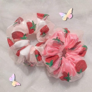 Cột tóc Scrunchies mẫu lưới dâu hồng