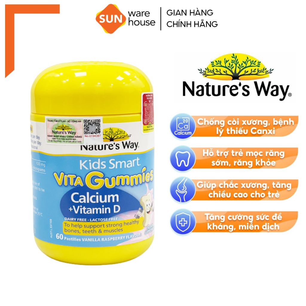 Kẹo Dẻo Canxi Cho Bé Nature’s Way Kids Smart Vita Gummies Calcium + Vitamin D Hộp 60 Viên và 120 Viên