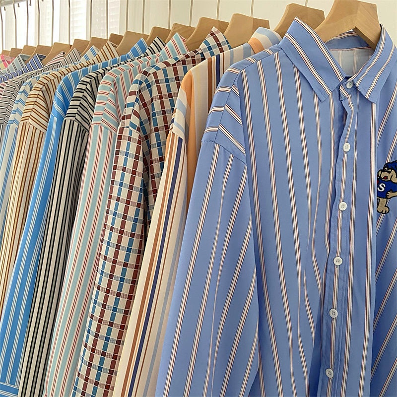 Áo sơ mi dài tay cổ bẻ họa tiết sọc phong cách Hàn Quốc dành cho nữ