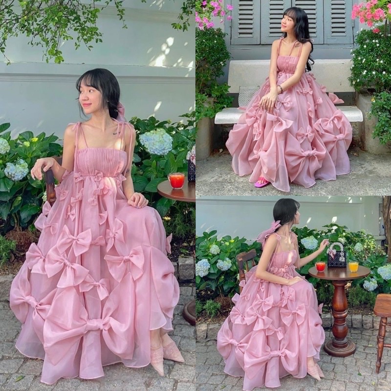 Đầm maxi voan tơ kiếng phồng 2S kết nơ siêu xinh cho các nàng thơ công chúa