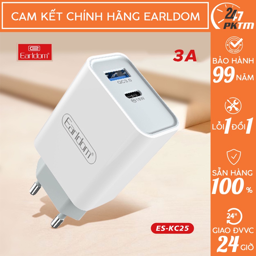 🛑CHÍNH HÃNG EARLDOM🛑 Bộ Sạc Điện Thoại Siêu Nhanh 18W Có 2 Cổng USB Earldom ES - KC25 | Phụ Kiện Thông Minh 247 VN