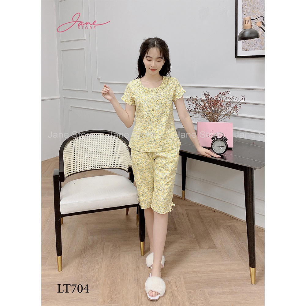 Đồ bộ mặc nhà chất thô mềm thoải mái, đồ ngủ thiết kế cổ bèo quần lửng họa tiết hoa nhí nhẹ nhàng JANE mã LT70