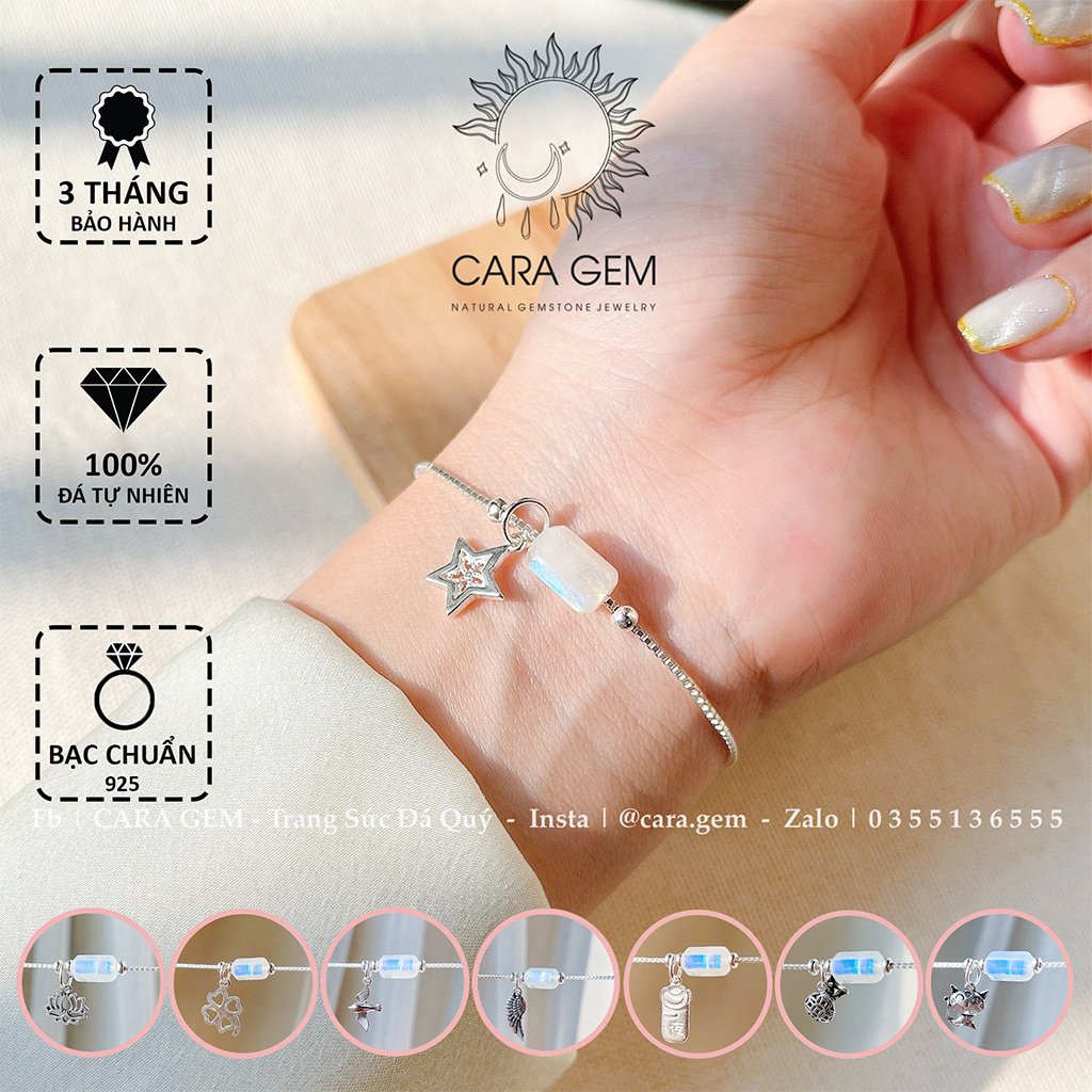 Vòng Tay Bạc Nữ Lu Thống Moonstone Mix Charm Bạc 925 May Mắn