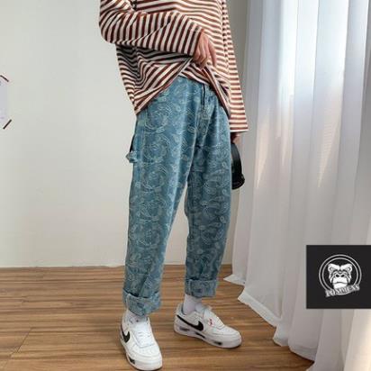 Quần bò nam nữ ống rộng xanh hoa văn - quần jean ống suông baggy nam đẹp 2021 !