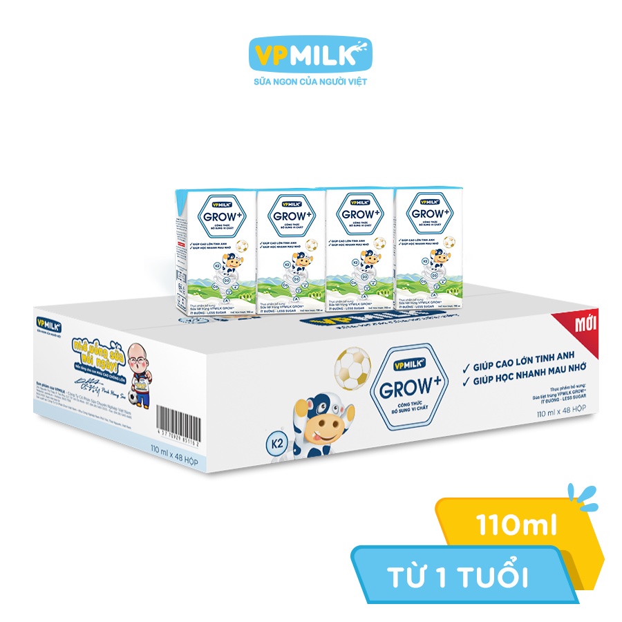 Combo 3 Lốc Sữa Tiệt Trùng VPMilk Grow+ Ít Đường Hộp 110ml (Lốc 4 hộp x 3)