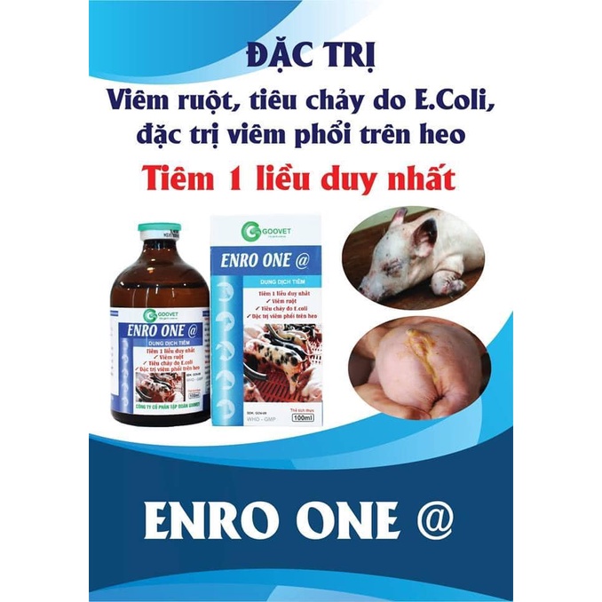 ENRO ONE @  Goovet Tiêu chảy, Ecoli, phó thương hàn, phân táo, thối khắm, phân nhớt vàng, tụ huyết trùng, bỏ ăn trên Đ/V