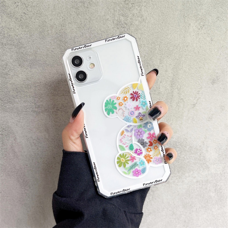 Ốp Điện Thoại TPU Mềm Trong Suốt Họa Tiết Gấu Và Hoa Chống Sốc Cho iPhone 13 Pro Max 13 12 11 Pro Max SE X XS Max XR 8 7 Plus
