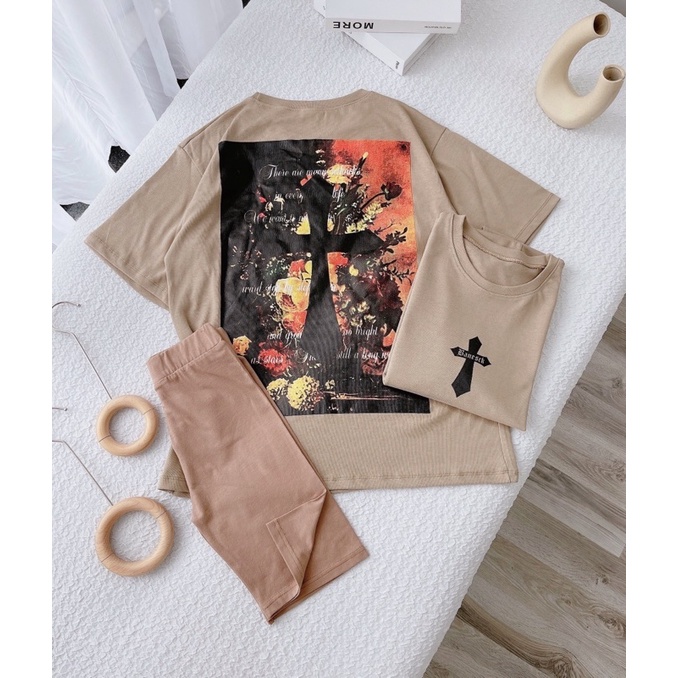 SET ÁO KEM IN HÌNH + QUẦN LEGGING NGỐ NÂU (TH)