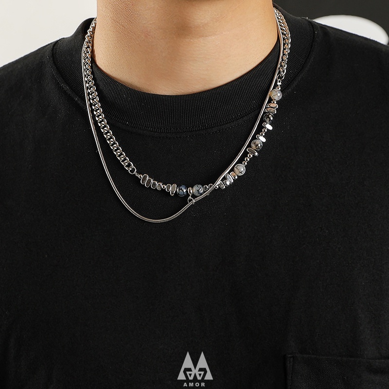 Vòng cổ Thép Không Gỉ Mặt Đá Cuba Không Đối Xứng Ghép Nối Xương Rắn Dành Cho Cặp Đôi