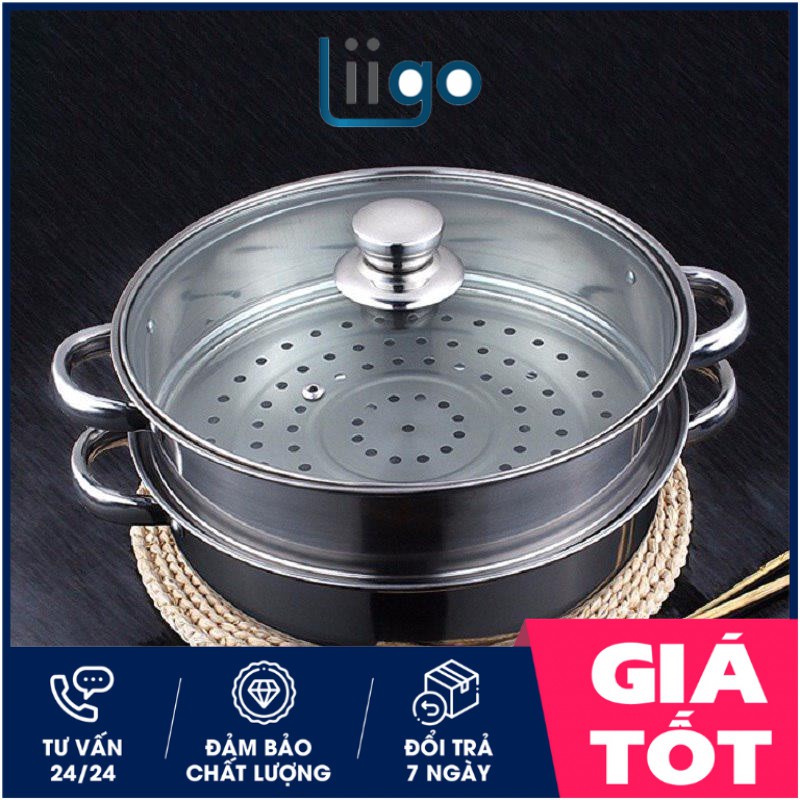 (Freeship) Nồi lẩu kiêm nồi hấp 2 tầng inox nắp thủy tinh cao cấp (Liigostore)