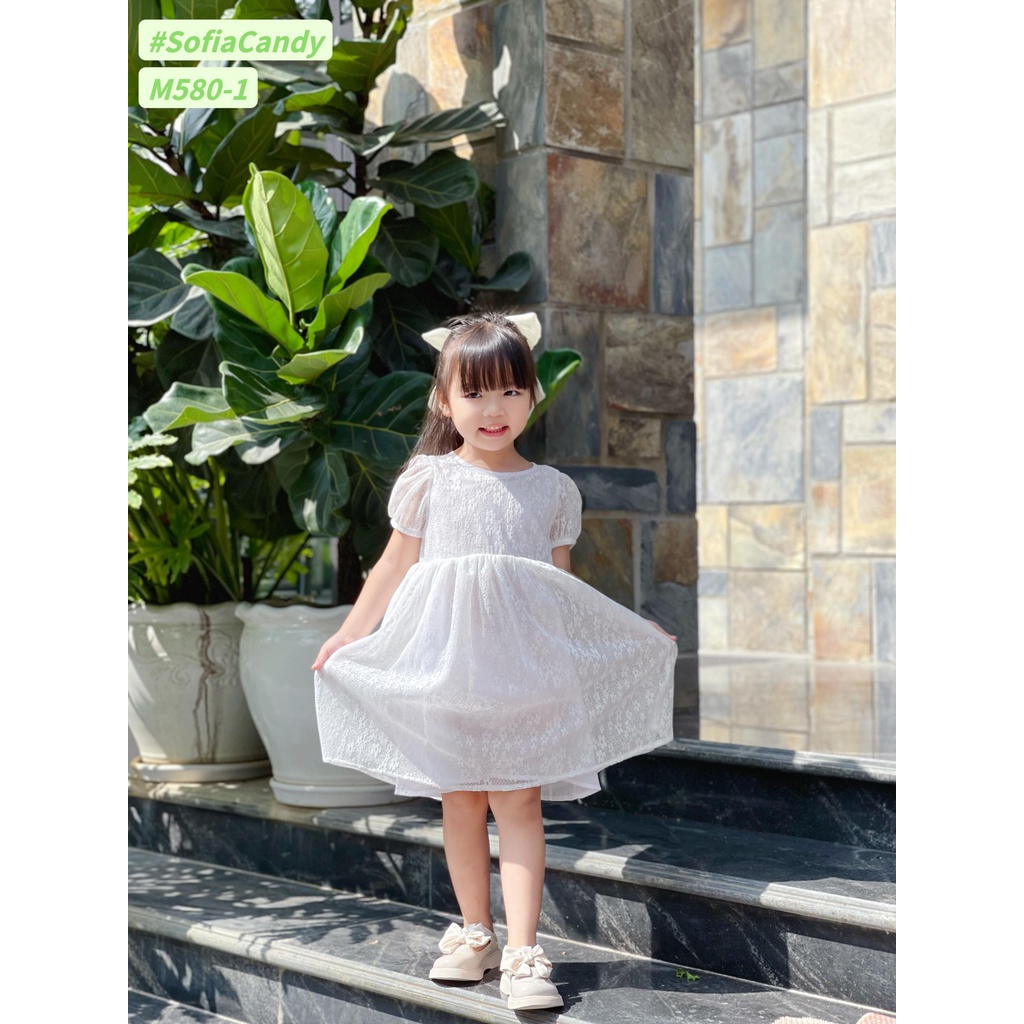 Váy bé gái ren lụa hoa nhí mềm mượt ,tay bồng cột nơ lưng 3 màu xinh xắn Shushibabyshop