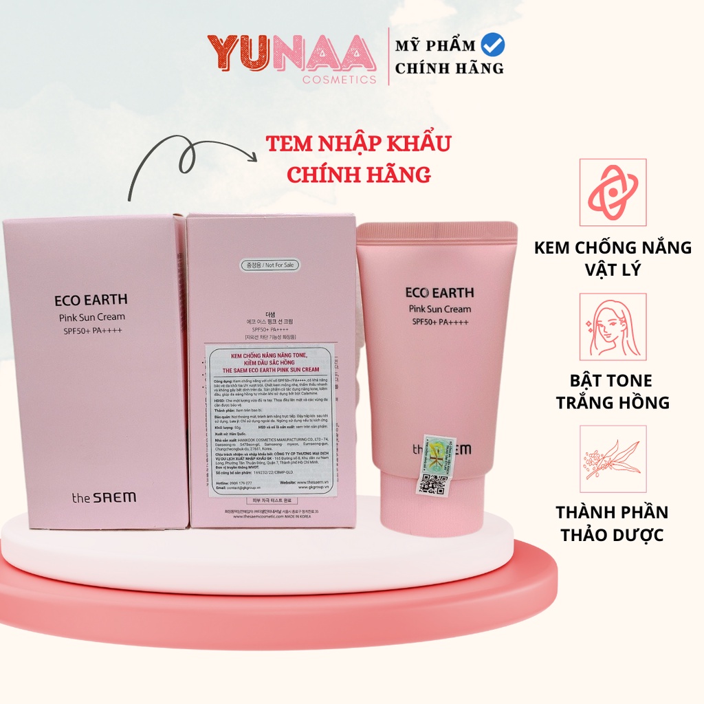Kem Chống Nắng THE SAEM -  Kem chống nắng The Seam ECO EARTH POWER PINK SUN CREAM (SPF 50+/PA)++++ [Yunaa Cosmetics]