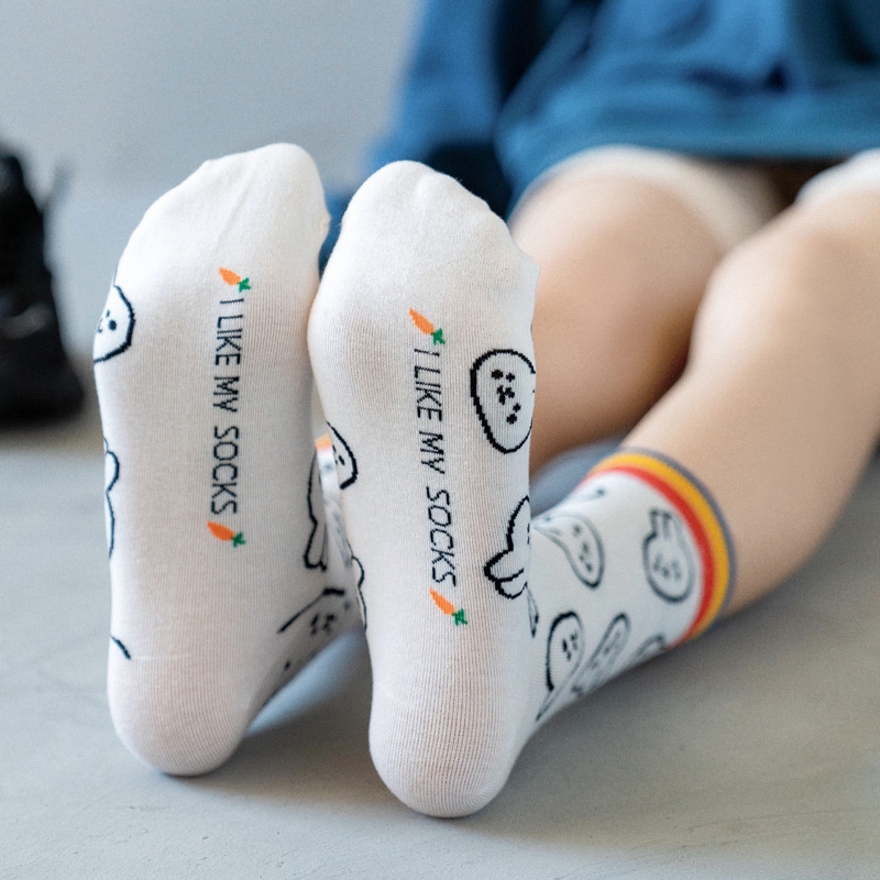 Cartoon Rabit Cotton Ladies Crew Socks Spring Cute Kawaii Animal Print Personality Black White Women Novelty Long Ankle Socks