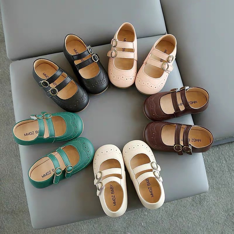 Giày búp bê đế bệt cho bé gái - giày công chúa 2 quai dán, da PU mềm cho bé có đế chống trượt MMGZ baby V565 (sz21-sz30)