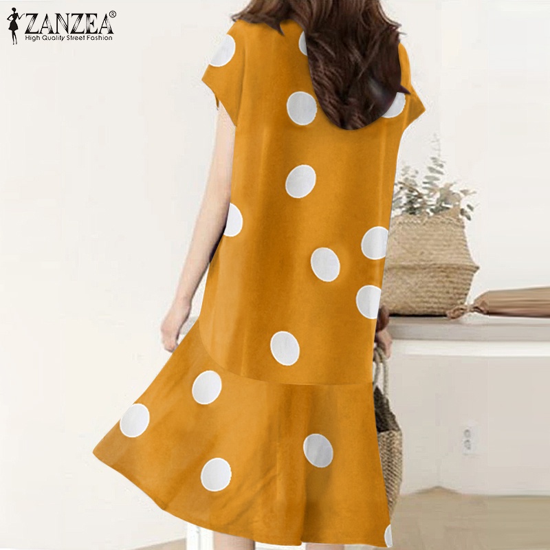 Đầm mini ZANZEA tay ngắn họa tiết chấm bi nhún bèo vintage phong cách thường ngày dành cho nữ