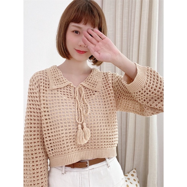 áo len lưới cổ sen nơ buộc điệu đà