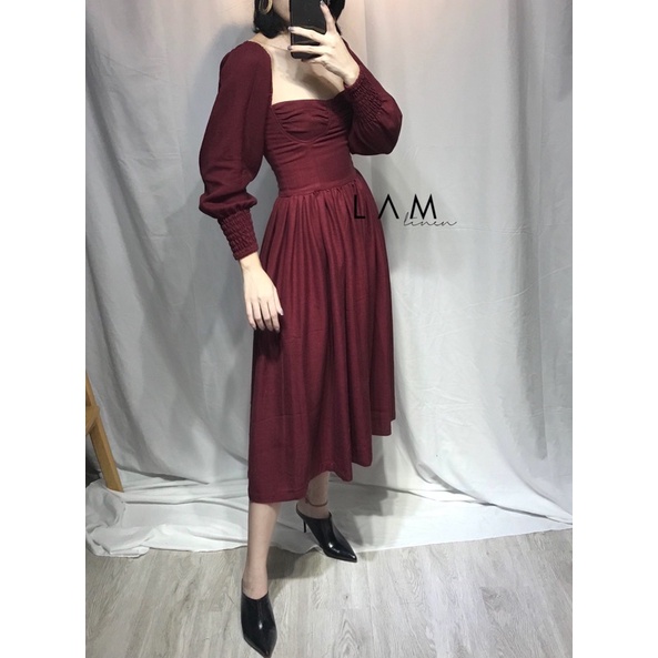 Đầm váy nữ cúp ngực xoè kiểu dáng Vintage vải Linen