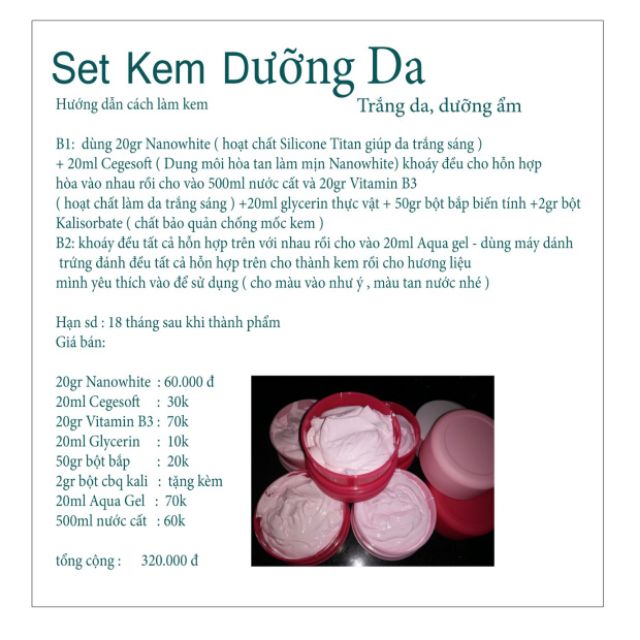 Set nguyên liệu kem dưỡng trắng cao cấp 1/2kg