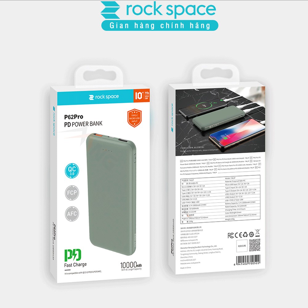 Sạc dự phòng mini, chính hãng Rockspace P62 Pro dung lượng thực 10000mah dành cho iPhone, Samsung bảo hành 12 tháng