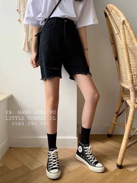 Quần ngố đen basic lưng cao co dãn rách ngang form ulzzang kèm ảnh thật