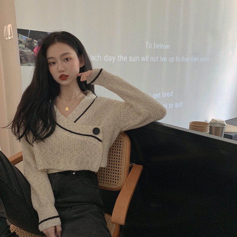 QADCOL Áo sweater tay dài dáng ôm phối hàng nút đơn thời trang cho nữ