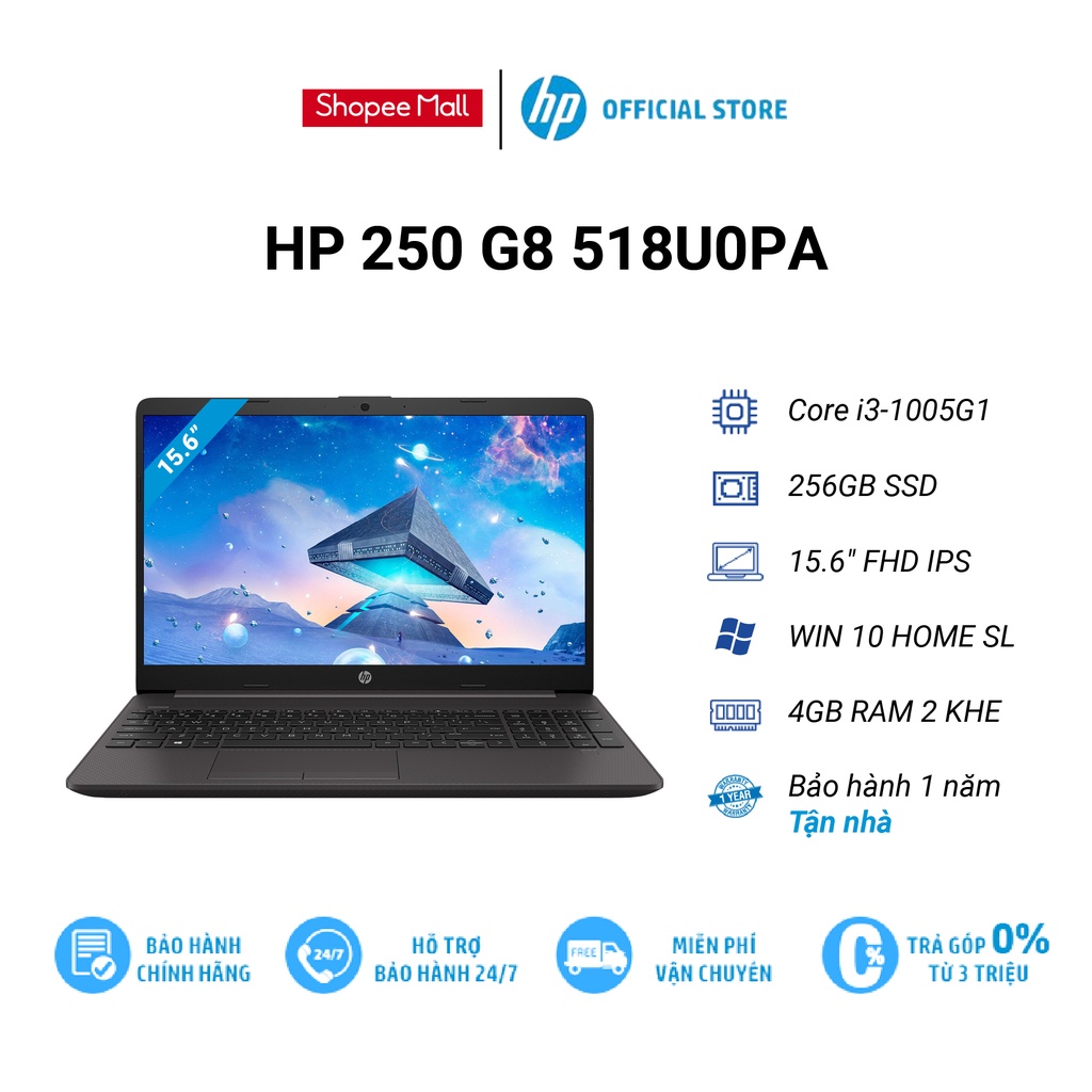 [Mã ELHP15 giảm 10% ] Laptop HP 250 G8 518U0PA i3-1005G1 | 4GB | 256GB | Intel® UHD | 15.6 inch FHD | Win 10