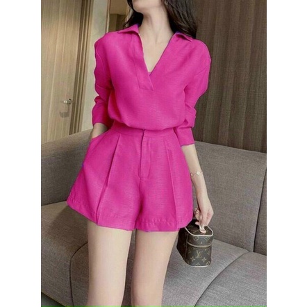 Set bộ đũi áo cổ V tay dài kèm quần nữ ngắn,áo sơ mi quần đùi nữ, set bộ trơn phong cách Hàn Quốc