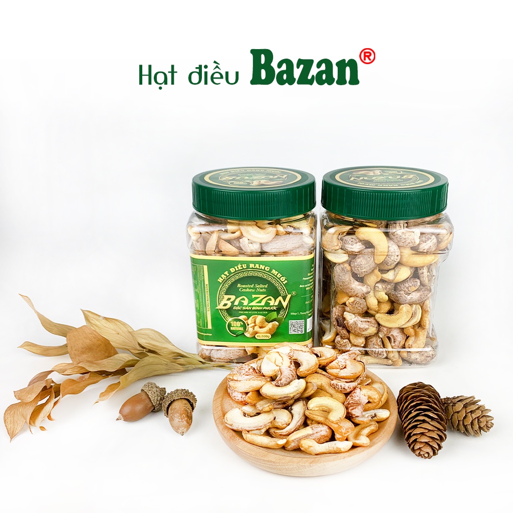 Hạt điều rang muối Bazan Bình Phước bể đôi hạt dinh dưỡng A+ loại 1 hộp 500g nắp xanh bể còn vỏ lụa