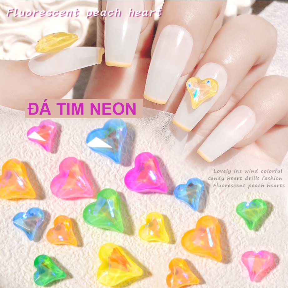 Set 4 Viên Đá Hình Tim Màu Neon Lấp Lánh Đính Móng