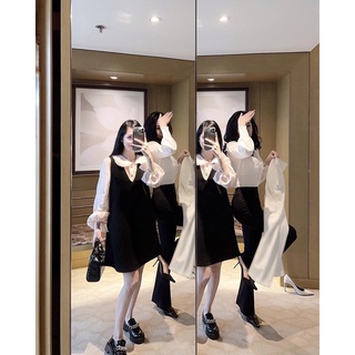 Set yếm phối sơ mi cổ bèo