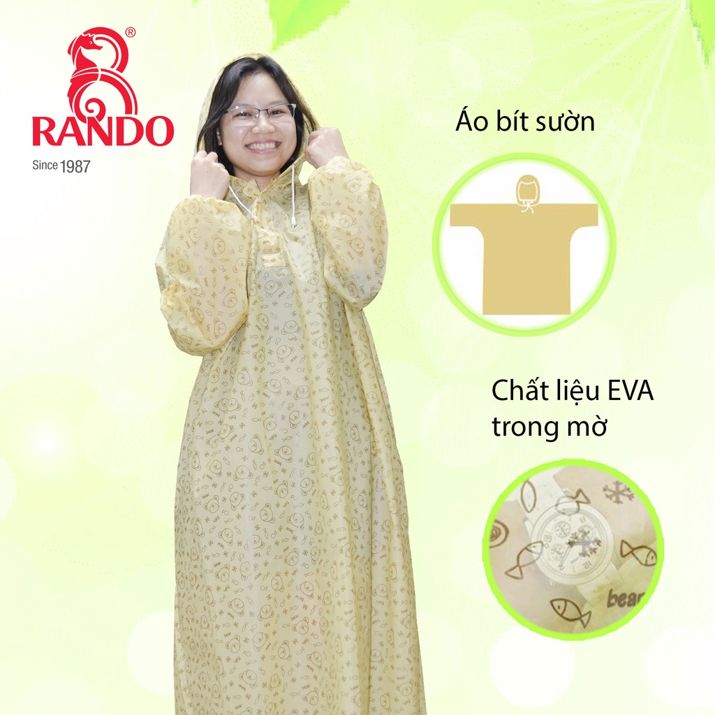Áo Mưa Bít Sườn Mặc 1 Người EVA, Chính Hãng RANDO, Họa Tiết Gấu Và Cá, Nhựa Thân Thiện Môi Trường, Không Thấm Nước