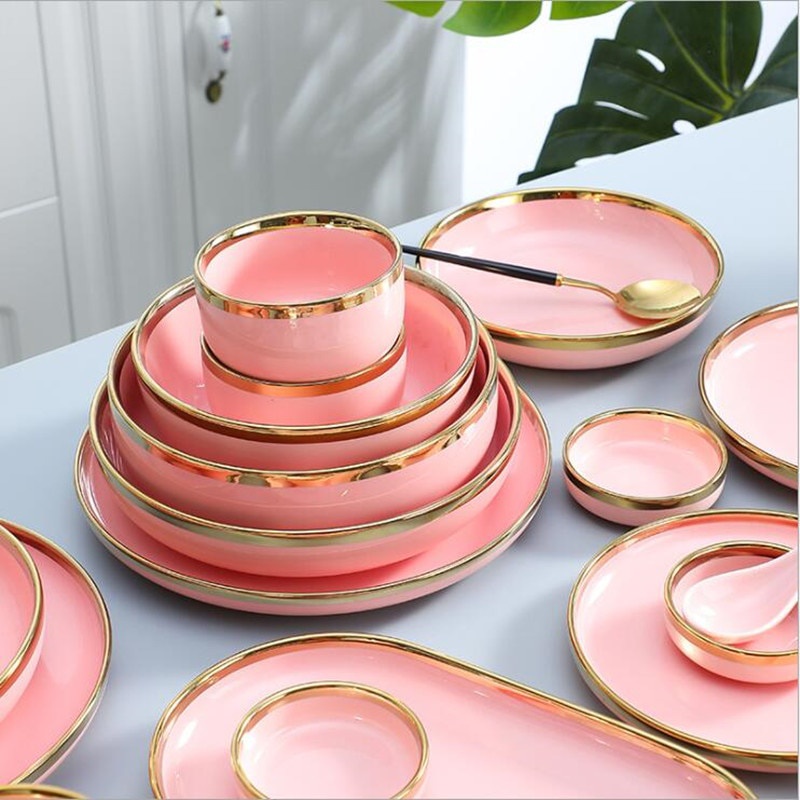 Bộ chén bát sứ xương hồng viền vàng cao cấp phong cách Bắc Âu