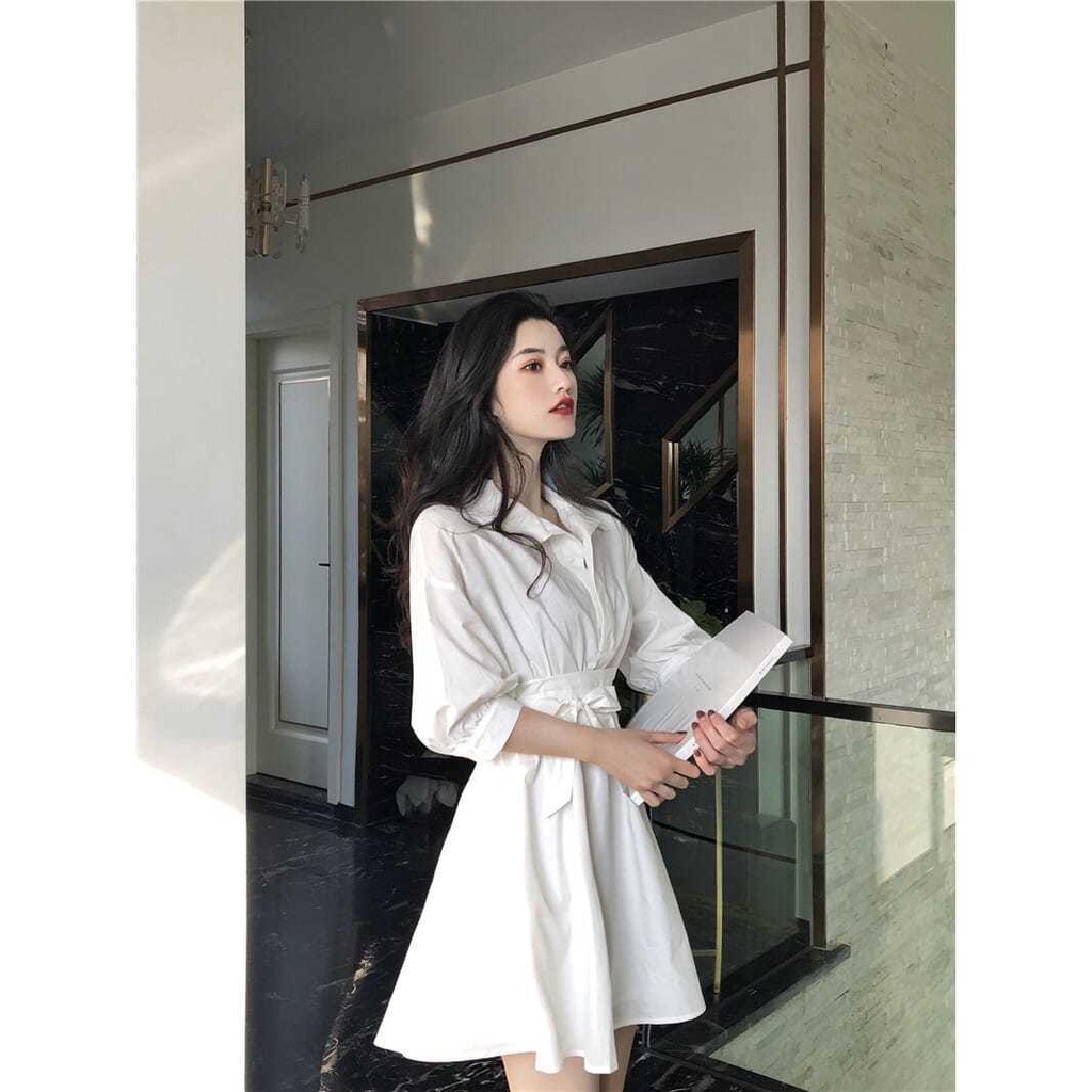 Đầm chữ A tay phồng màu trắng phong cách retro Pháp thời trang cho nữ